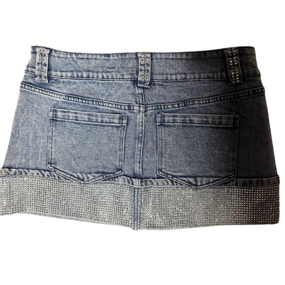 NEW Y2k Edge Womens M Denim Mini Skirt Rhinestone Trim Sparkle Bling Club party - Picture 3 of 10